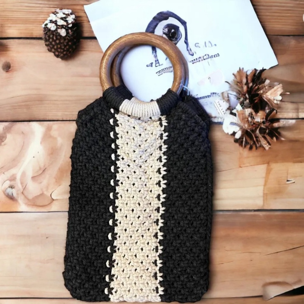 Curator X Laude The Label Gabby Macrame Crochet Wood Ring Handle Bag Black White